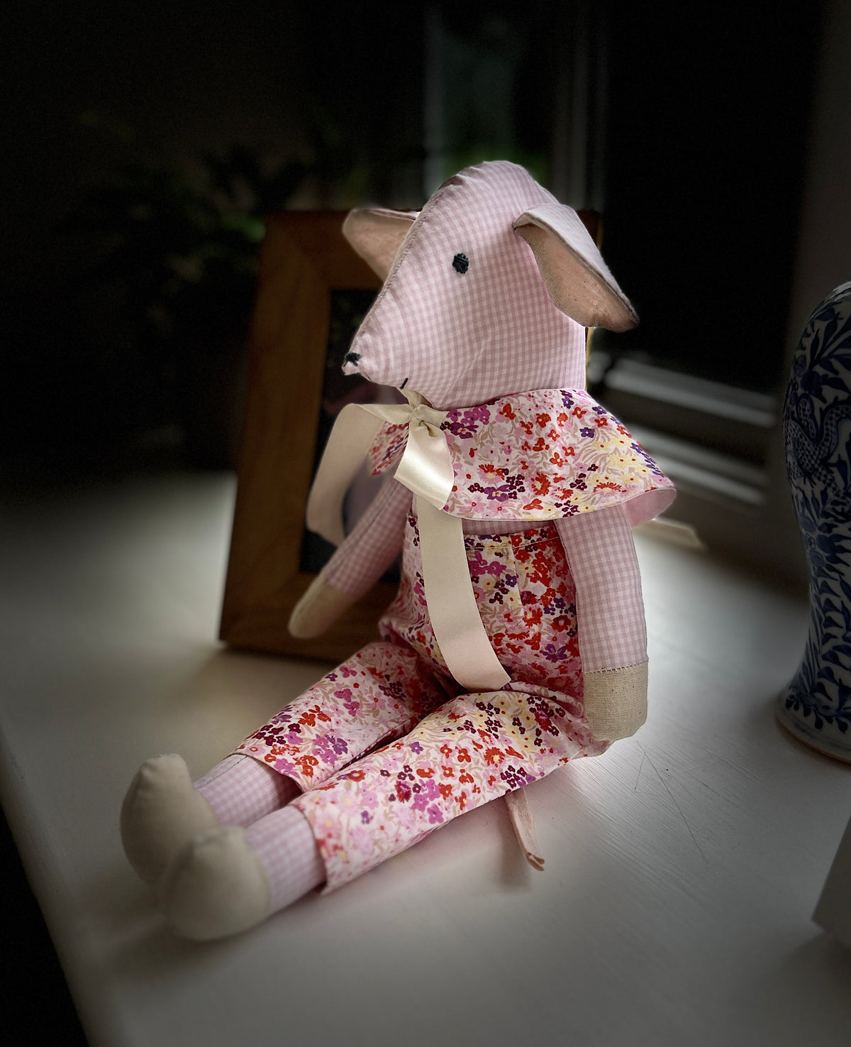 Handmade Mabel Mouse Soft Toy - Pink & White Check With Floral Outfit