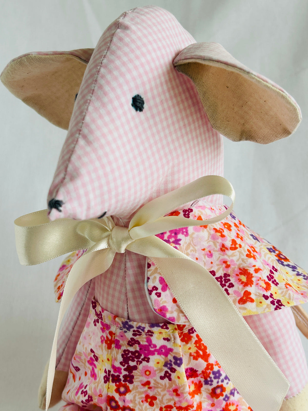 Handmade Mabel Mouse Soft Toy - Pink & White Check With Floral Outfit